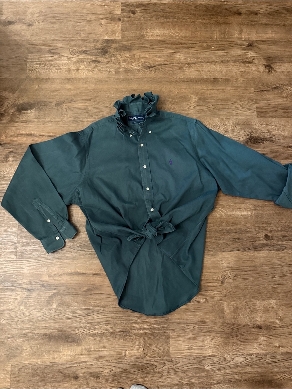 Upcycled Ralph Lauren Dark Green Ruffle Collar Button-Down Shirt Size Large